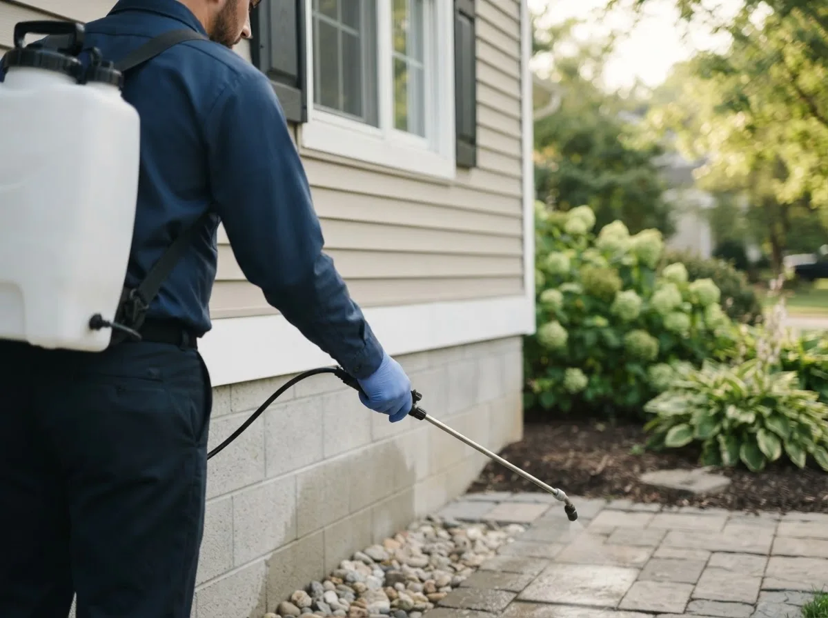Pest control technician inspecting a home in Basco, IL
